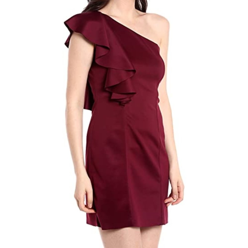 NWT Wine Maroon One Shoulder Ruffle Cocktail Dress - Picture 1 of 3